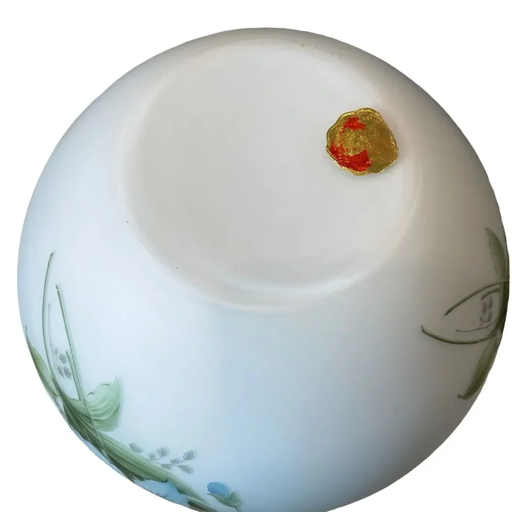 Vintage Italian Vase 10 Inch Frosted Blue Satin Art Glass Iris Flowers Gold Gilt